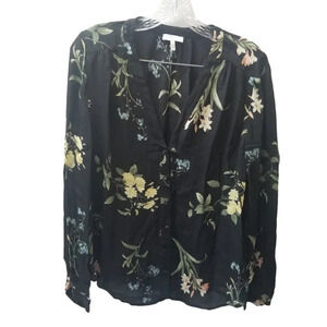 Joie  Navy Blue Floral V-neck Button Up Silk Blouse L